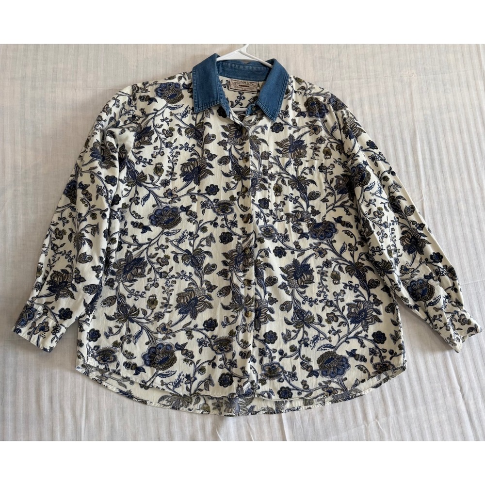 Rhythm Blue Vintage Floral Cotton Button Down Shirt Denim Collar Cream Blue L